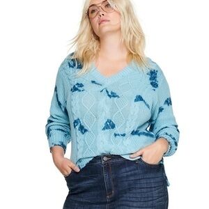 Sonoma Womens Plus Size Blue Cable Knit V Neck Sweater